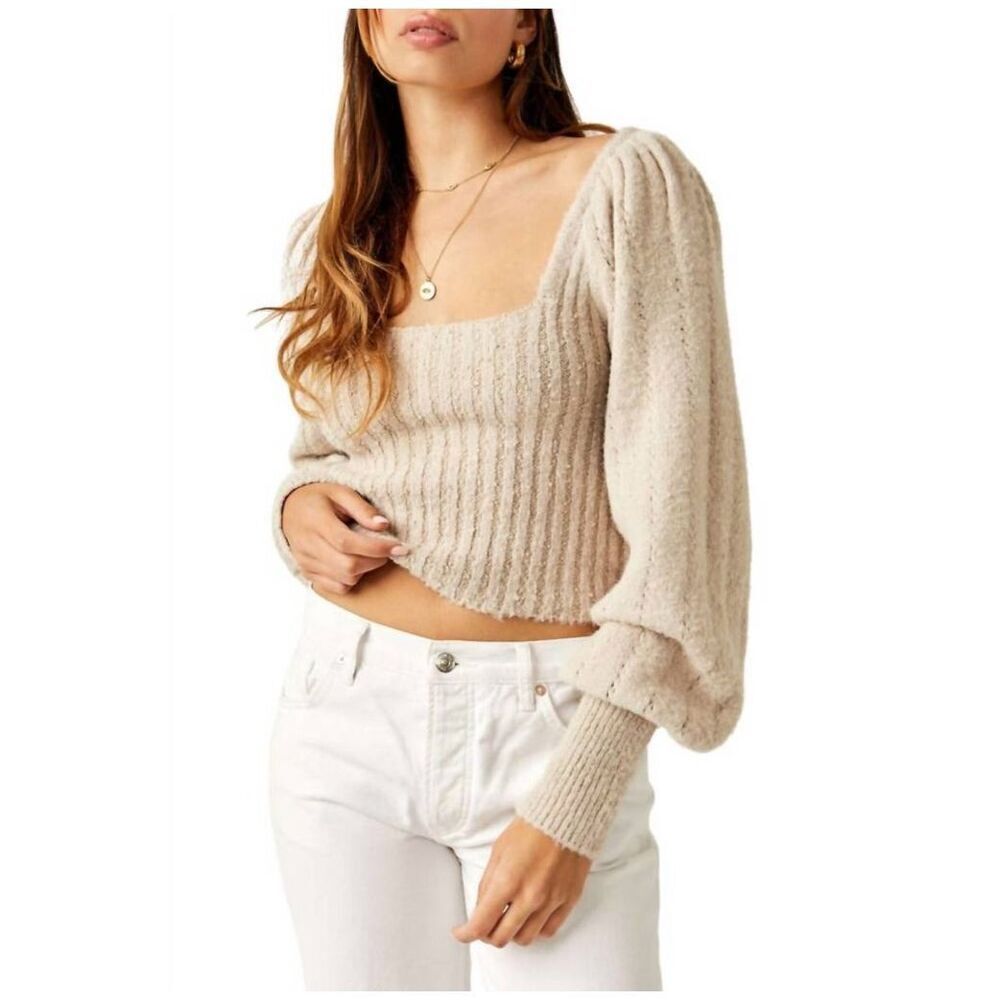 Free People Beige Puff Sleeve Knit Sweater